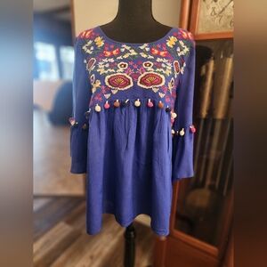 JODIFL Embroidered Boho Blouse with Pom Poms, size small